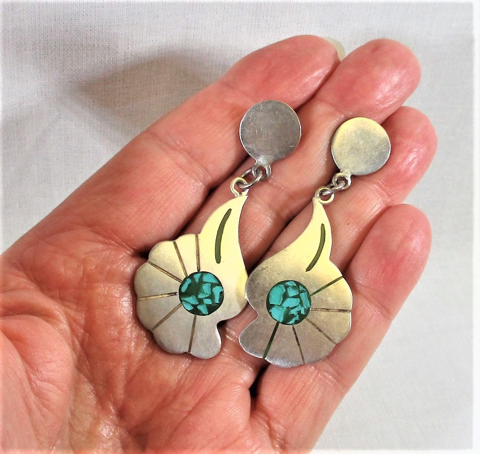 Gr 63 Taxco Sterling Silver Turquoise Chandelier Drop Earrings 2 1/8 " Long Vintage Mexico