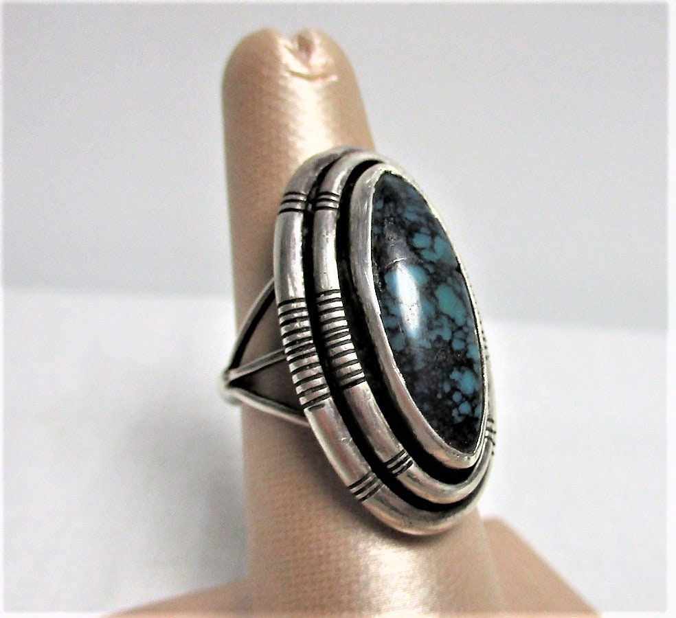 Gr 67 Navajo Dine William G Johnson Double Picture Frame Spider Web Turquoise Ring