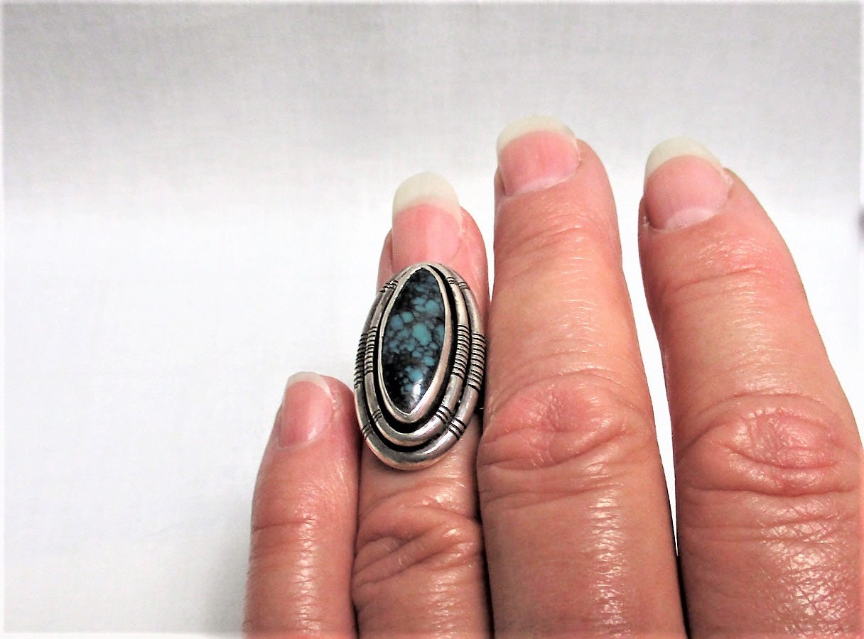 Gr 67 Navajo Dine William G Johnson Double Picture Frame Spider Web Turquoise Ring