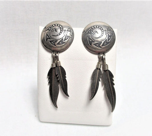 Hopi Sterling Silver Lizard and Feather Drop Earrings