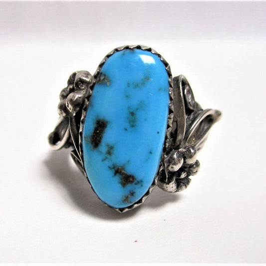 Les Baker Shop Navajo Sterling Silver Morenci Turquoise Squash Blossom Ring Size 6