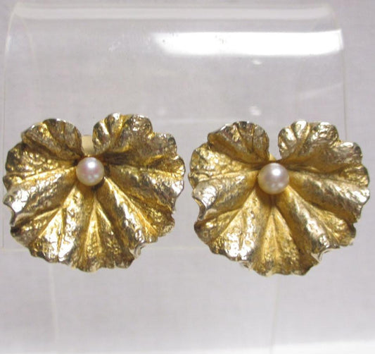 Gold Vermeil Sterling Silver and Pearl Floral Clip Earrings Vintage