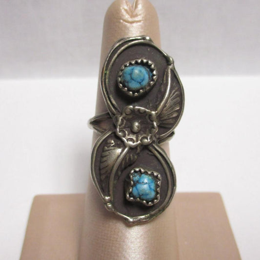 Vintage Navajo Sterling Silver and Turquoise Concho Ring Old Pawn Squash blossom