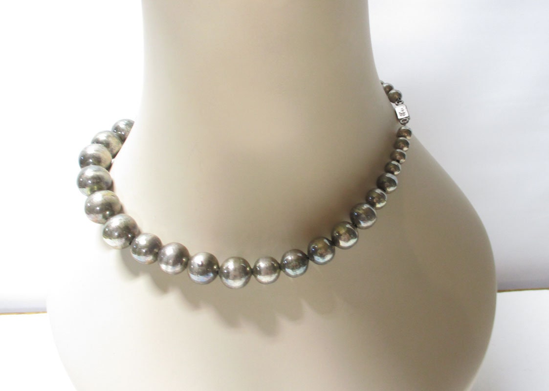 Gr 73 Sterling Silver Heavy Bench Made Graduated Beads Taxco Mexico 69.26 Grams 16"