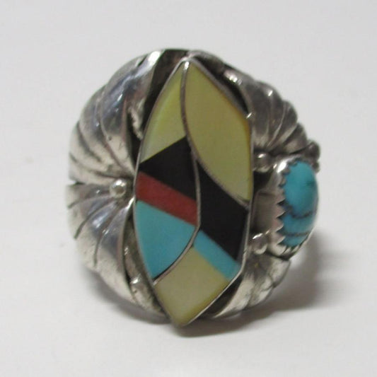 Navajo Sunburst Handcrafts Inlaid Sterling Silver Signet Ring Vintage