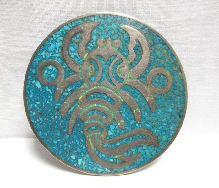 Gr 74 Taxco Rafael Dominguez Inlaid Turquoise Pendant Pin Scorpion Sterling Silver