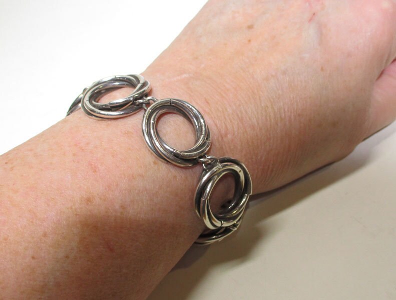 Gr 76 Taxco Sterling Silver Circle Link Bracelet Heavy Mexico AP Eagle Mark