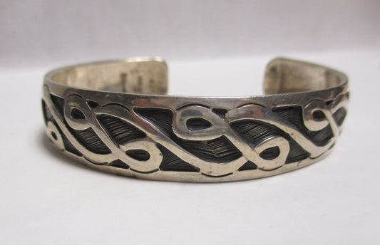 Gr 82 Taxco Mexico Overlay and Hand Carved Sterling Silver Cuff Bracelet 31.22 Grams