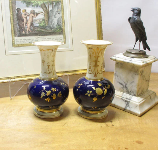 Early Hand Painted and Gilded Pair of Vases Derby Regency Period Early 19th Century