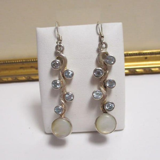 Sterling Silver, Mother of Pearl and Blue Topaz Drop Earrings