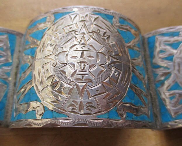 Gr 91 Taxco Sterling Silver Crushed Turquoise Inlaid Tribal Cuff Bracelet 79.78 Grams