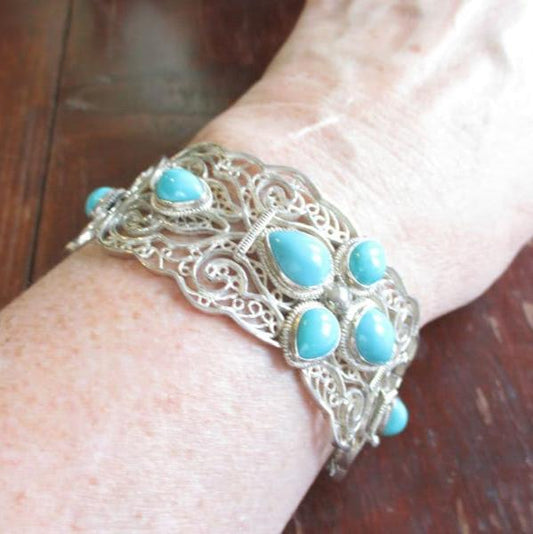 Sterling Silver and Turquoise Reticulated Cannetille Bracelet 56.29 Grams