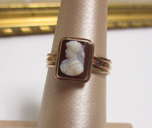 Gr 92 Georgian Solid 14K Rose Gold Sardonyx Cameo Ring Size 5.5