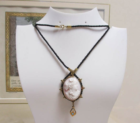 Gr 92 Georgian Solid 14K Gold, Turquoise and Shell Cameo Necklace