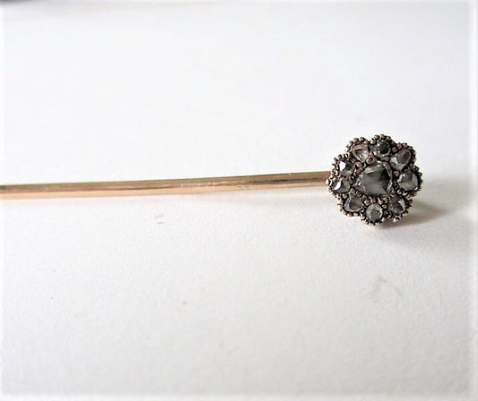 Gr 101 Georgian Sterling Silver and 14K Gold Rose-cut Diamond Stickpin 2 1/2"