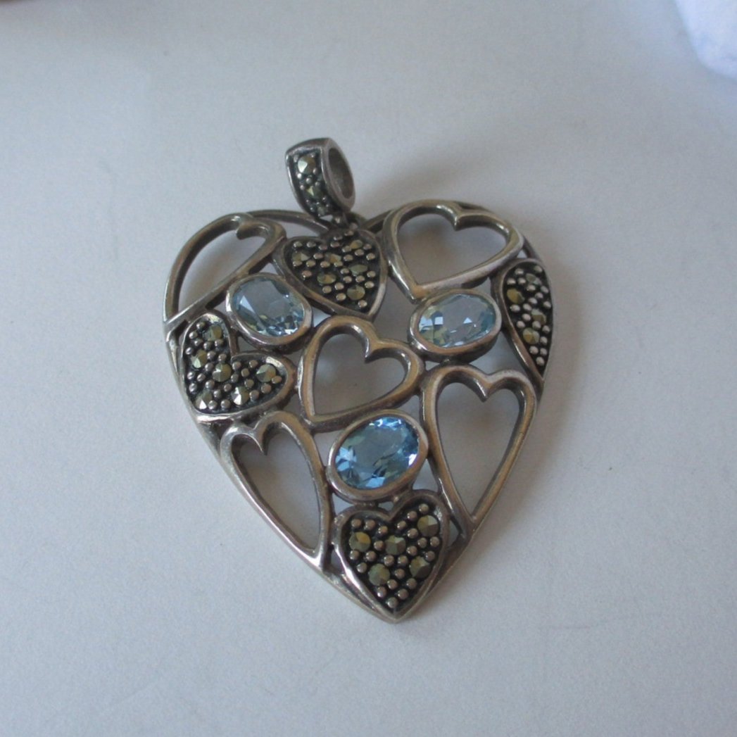 Art Deco Sterling Silver, Marcasite and Blue Topaz Stylized Heart Pendant