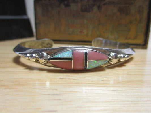 Gr 116 Navajo Signed Roger Francisco Sterling Silver, Spiny Oyster and Opal Inlaid Cuff Bracelet