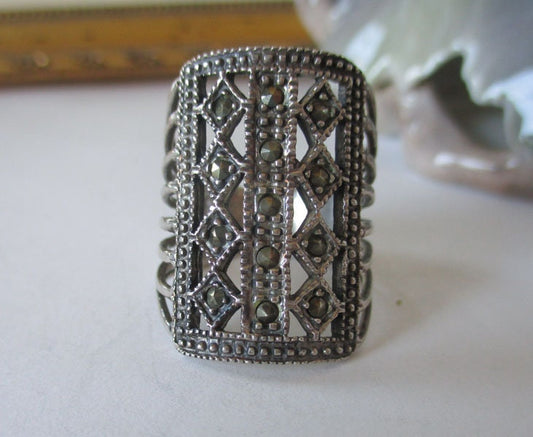 Art Deco Sterling Silver and Marcasite Ring Size 6 3/4