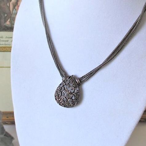 Sterling Silver and Marcasite Signed Station Necklace Woven Foxtail Link Double Chain