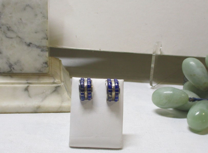 Gr 119 Vintage Navajo Sterling Silver and Channel Inlay Lapis Lazuli Half Hoop Earrings Signed Nakai