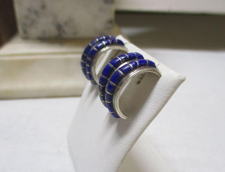 Gr 119 Vintage Navajo Sterling Silver and Channel Inlay Lapis Lazuli Half Hoop Earrings Signed Nakai