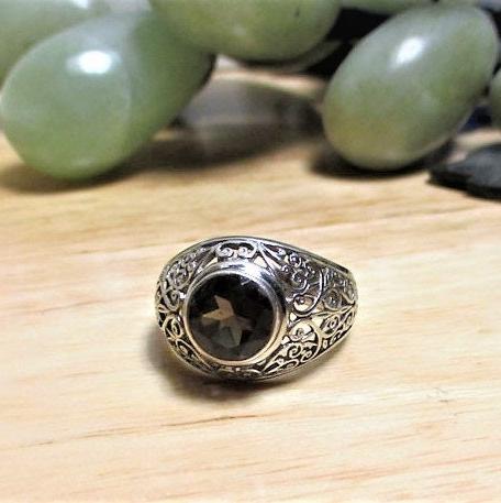 Sterling Silver and Smoky Quartz Reticulated Signet Ring Size 10 1/2