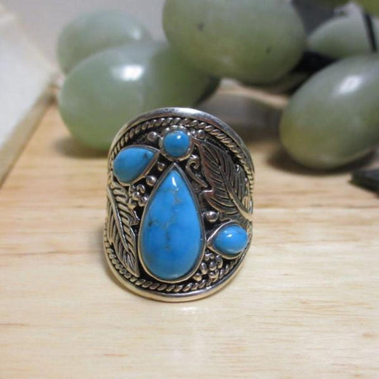 Sterling Silver and Turquoise Cabochons BBJ Signet Ring Size 12 1/2