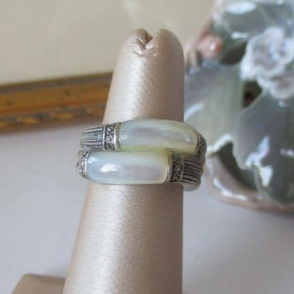 Art Deco Sterling Silver, Marcasite and Mother of Pearl Saddle Ring Size 5