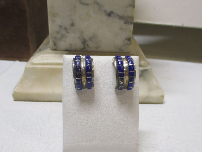 Gr 119 Vintage Navajo Sterling Silver and Channel Inlay Lapis Lazuli Half Hoop Earrings Signed Nakai