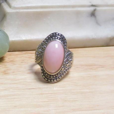 Gr 121 Sterling Silver and Pink Opal Statement Ring Size 12 1/4