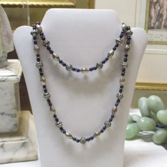 Sterling Silver and Lapis Lazuli Beaded Necklace 31" Hook Clasp Bench-made Silver Beads