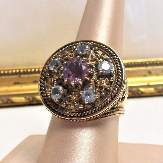 Sterling Silver Vermeil, Amethyst and Aquamarine Dome Ring Size 9 1/2