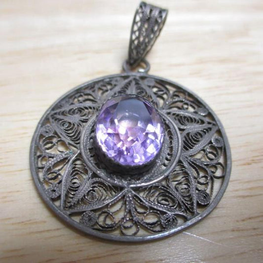 Vintage Israel Sterling Silver .925 Cannetille Filagree Amethyst Pendant