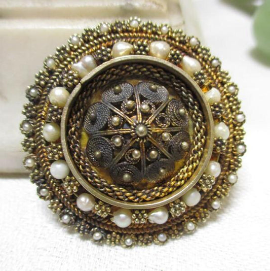 Vintage Israel Sterling Silver Vermeil .925 Cannetille Filigree Pearl Brooch Pendant