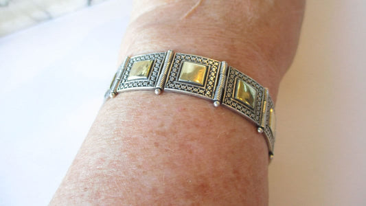 Gr 124 Signed MD Sterling Silver and Solid 14K Gold Statement Bracelet 7 Inch Length