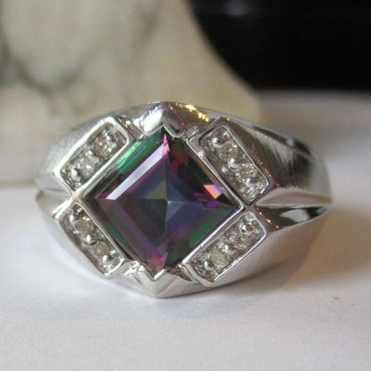 Sterling Silver, Mystic Topaz and 1/10 Carat Diamond Signet Ring Size 11