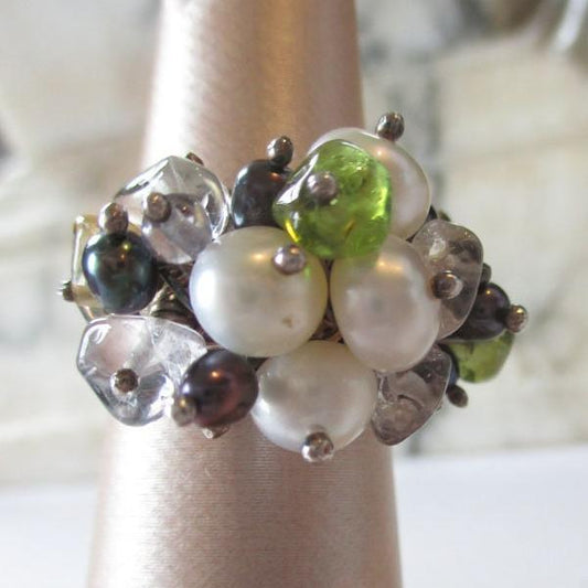 Sterling Silver, Pearl and Gemstone Cha Cha Cigar Band Ring Size 6 Hand Made