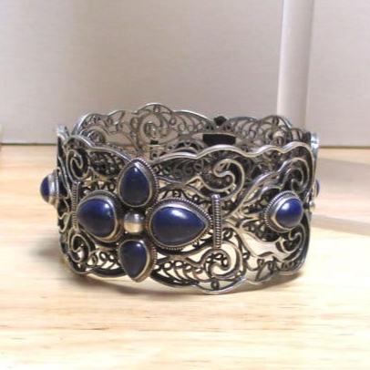 Sterling Silver and Lapis Lazuli Reticulated Cannetille Bracelet 54.14 Grams