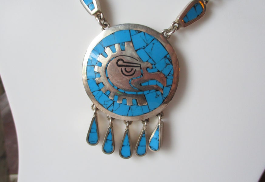 Gr 124 Sterling Silver and Turquoise Taxco Inlaid Necklace Tribal Eagle Arte en Plata Jacopo Brothers