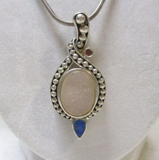 Whitney Kelly Sterling Silver, Lapis Lazuli, and Druzy Quartz Drop Pendant 2" Long and 20" Chain