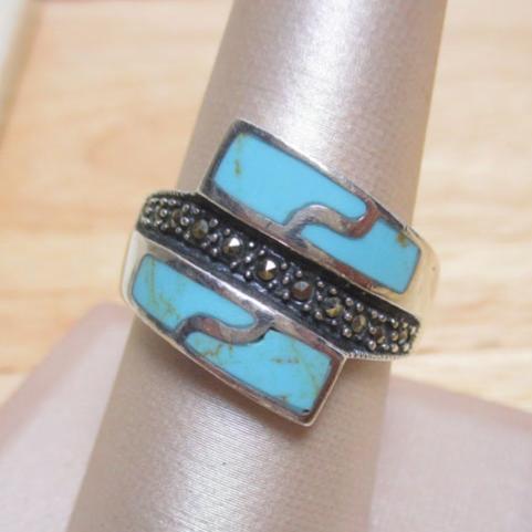 Art Deco Sterling Silver, Marcasite and Turquoise Bypass Ring Size 9