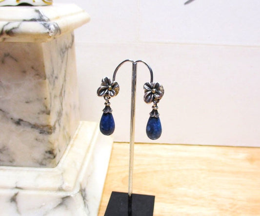 Gr 127 Signed Ann King Sterling Silver, 18K Gold and Lapis Lazuli Drop Earrings