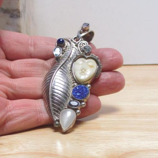 Gr 128 Huge Sterling Silver Sajen Multi-gemstone Goddess Pendant 3 1/4" Long