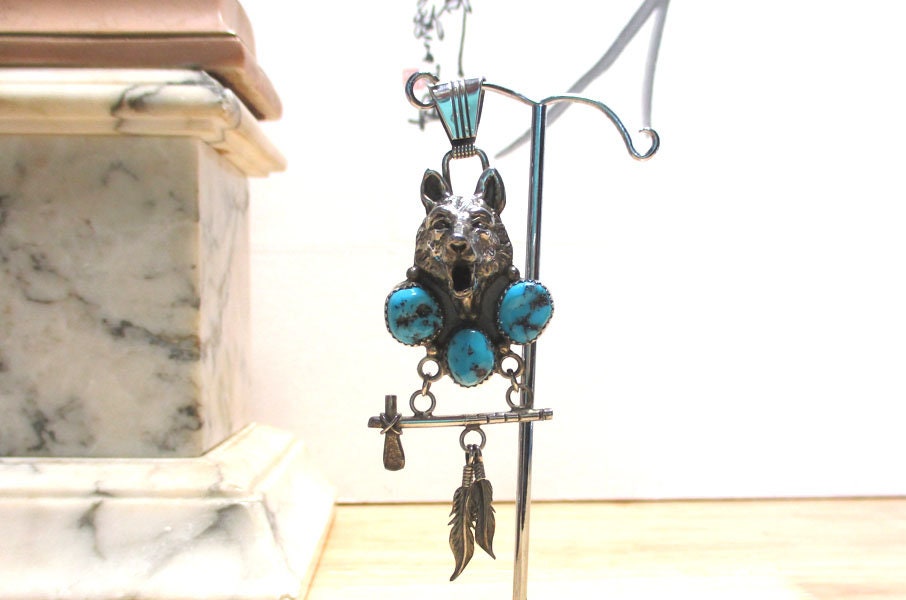 Gr 128 Vintage Navajo Wolf & Tomahawk Pendant Necklace Sterling Silver Turquoise Richard Begay