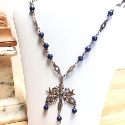 Peruzzi 800 Silver and Lapis Lazuli Renaissance Revival Gothic Necklace Dragons