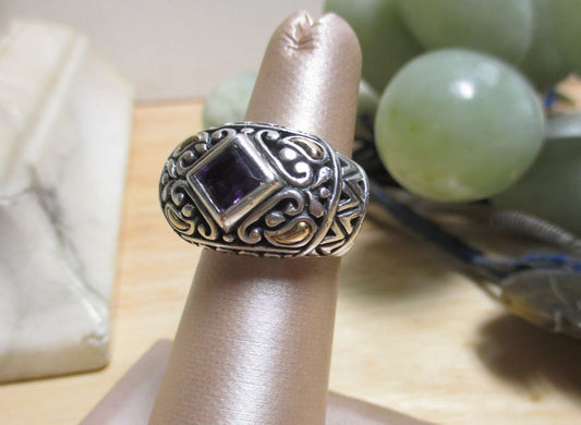 Gr 131 Samuel Benham Sterling Silver and 18 Kt Gold Mixed Metal BJC Amethyst Ring Size 6 1/2