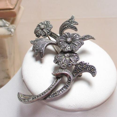 Large Art Deco Sterling Silver and Marcasite Pin Flower Bunch Judith Jack