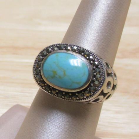 Art Deco Sterling Silver, Marcasite and Turquoise Signet Ring Size 7