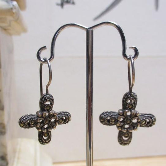  Art Deco Sterling Silver and Marcasite Stylized Cross Drop Earrings