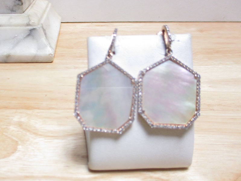 Gr 134 Rose Gold Vermeil Sterling Silver and Mother of Pearl Drop Earrings Cubic Zirconia